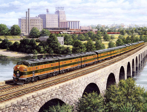 F-3 350-C with 1955 Empire Builder westward on the Stone Arch Bridge at Minneapolis