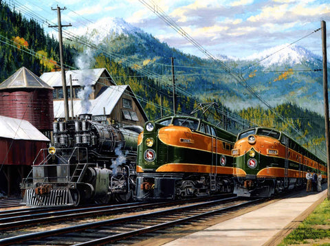R-2 2049, W-1 5018, and F-3 352-C with eastward Empire Builder at Skykomish